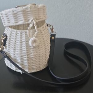 Elegant Cream Woven Crossbody Bag with Black Strap